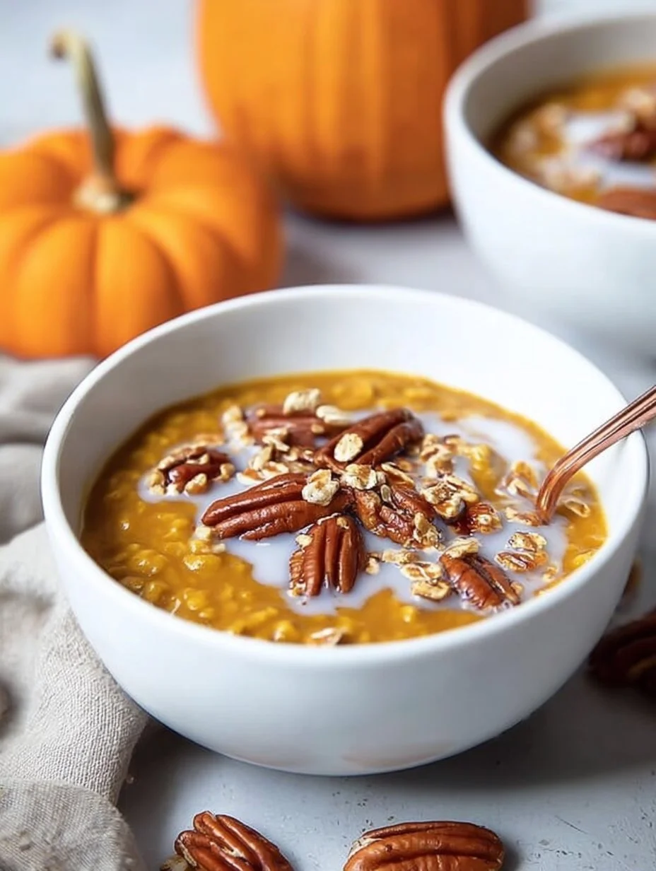 Bowl of healthy slow cooker pumpkin pie oatmeal topped with spices and pumpkin seeds.