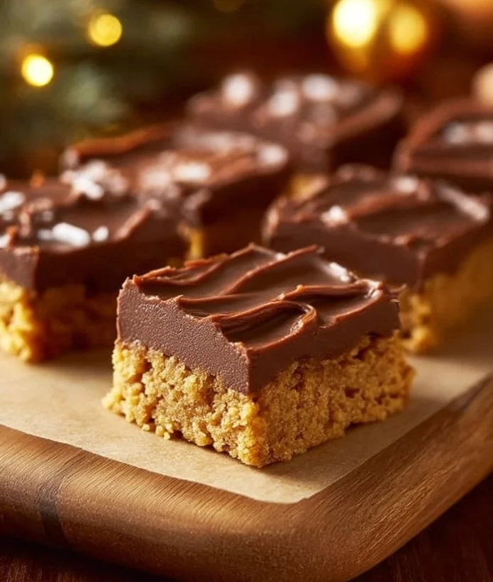 Delicious holiday cookie bars topped with chocolate and sprinkles on a festive platter