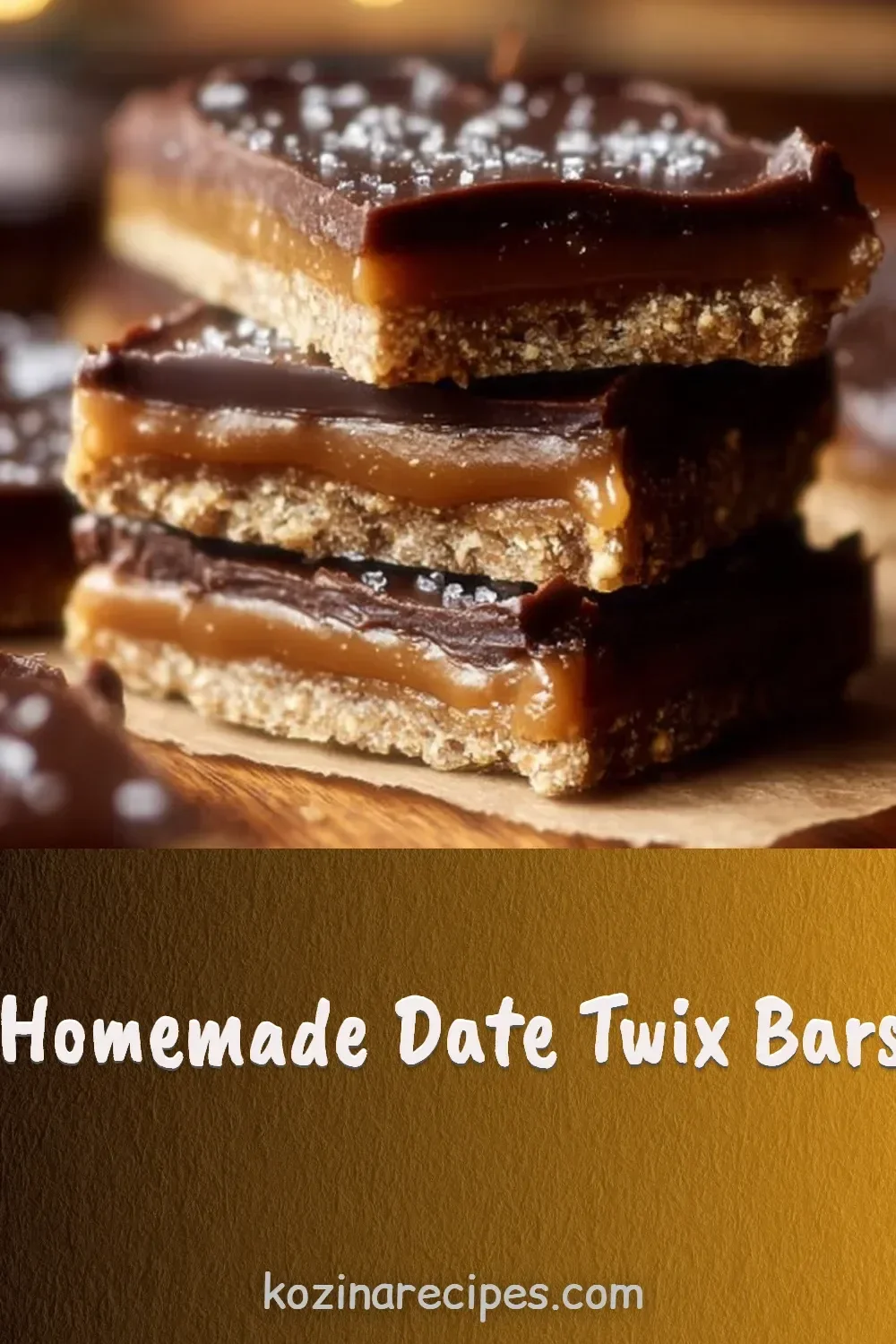 Homemade Date Twix Bars made with dates, chocolate, and a crunchy base.