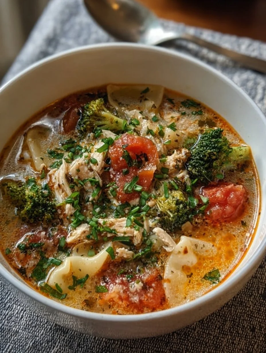 Italian Ground Chicken Soup in a bowl with fresh herbs and vegetables
