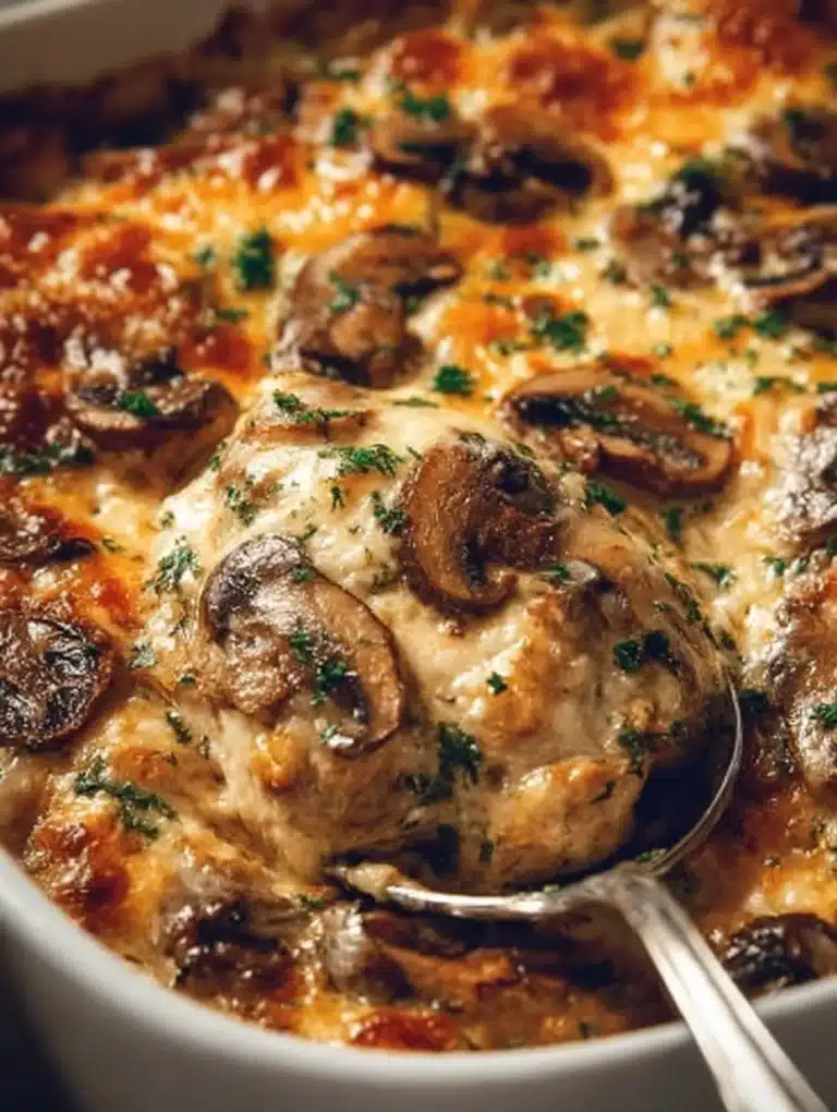 Delicious Keto Garlic Mushroom Chicken Casserole served in a dish