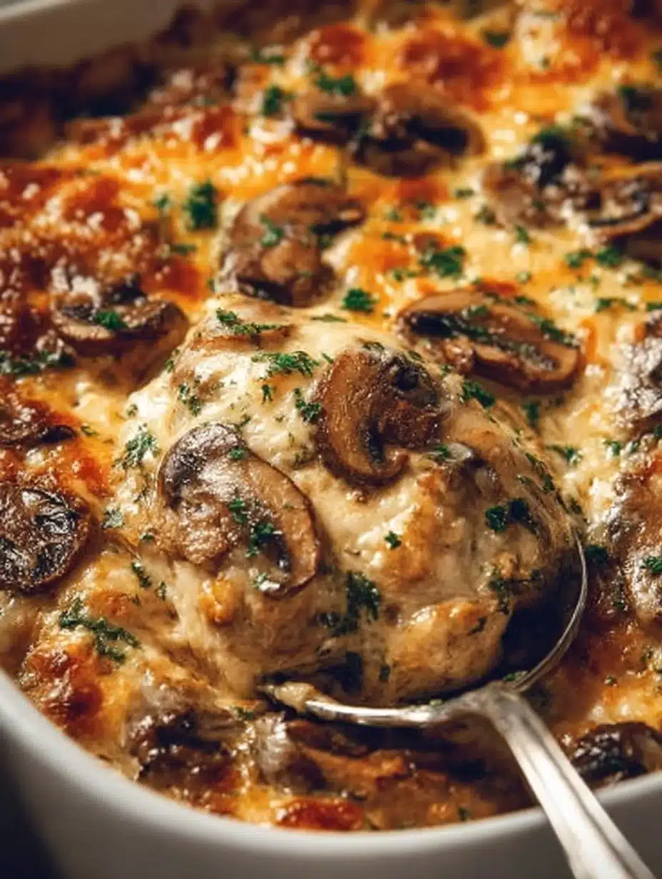 Delicious Keto Garlic Mushroom Chicken Casserole served in a dish