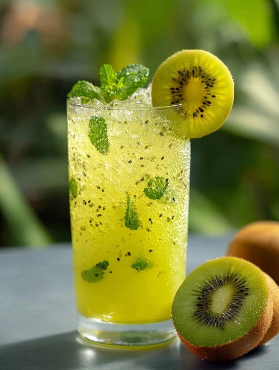 Refreshing Kiwi Mocktail in a glass with kiwi slices and mint garnish