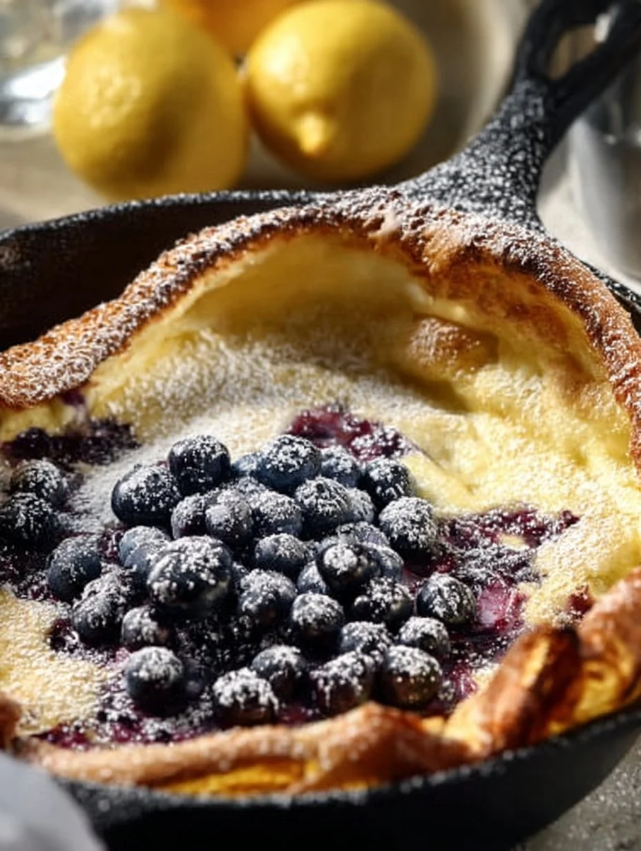 Fluffy Lemon Blueberry Dutch Baby served with fresh blueberries and lemon slices