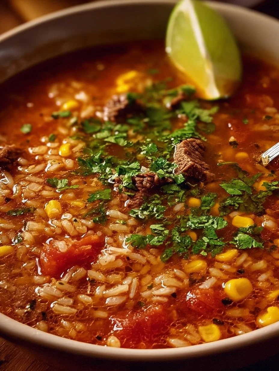 Bowl of Mexican Beef and Rice Soup with fresh vegetables and herbs