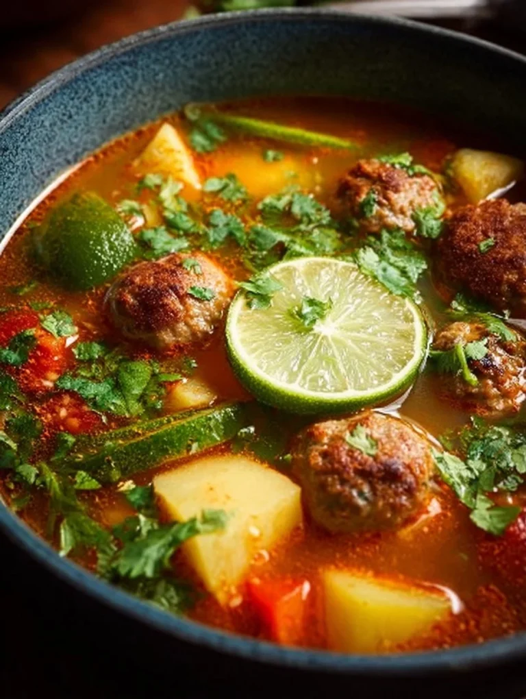 Delicious bowl of homemade Mexican Meatball Soup garnished with fresh cilantro.