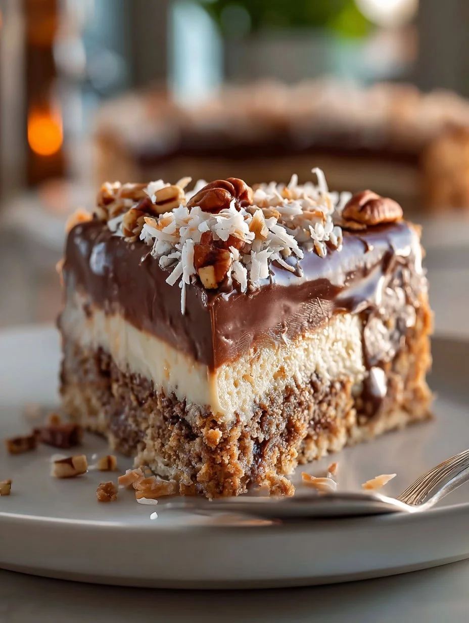 No Bake German Chocolate Pie topped with coconut and pecans.