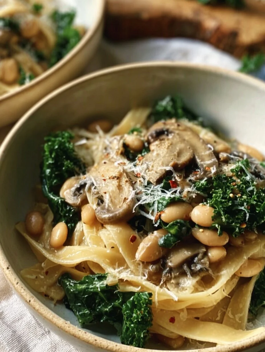 One-Pot Mushroom & White Bean Pasta dish, delicious and easy to prepare.