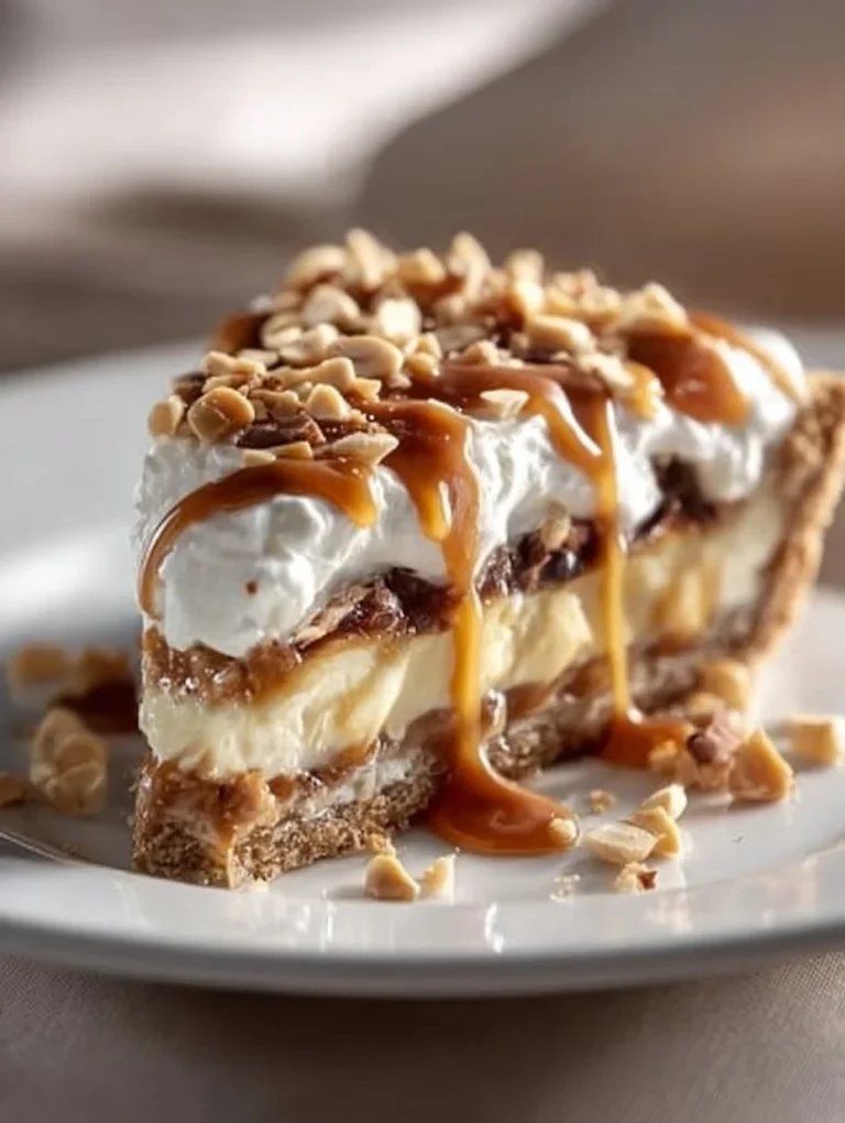 Delicious Payday Candy Bar Pie topped with caramel and peanuts