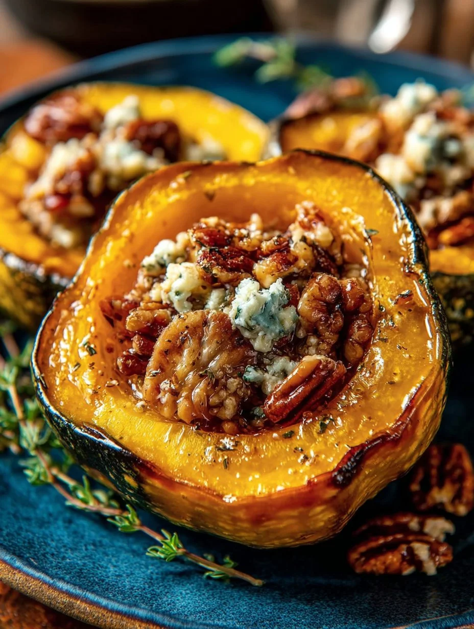 Deliciously baked maple roasted acorn squash garnished with fresh herbs.