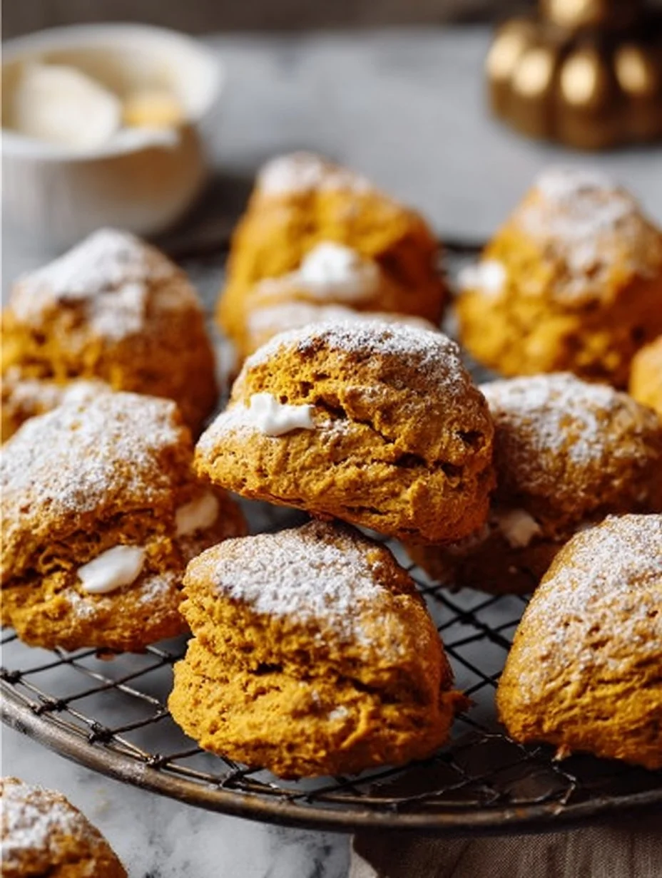 Freshly baked pumpkin scones with spices on a wooden plate