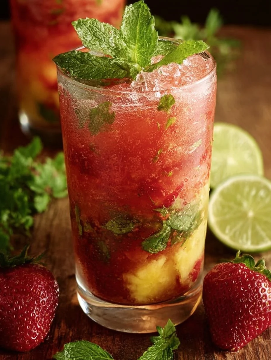 A refreshing strawberry pineapple mojito served in a glass with fresh fruit garnish.