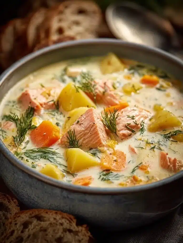 A bowl of creamy Salmon Chowder soup garnished with herbs and spices.