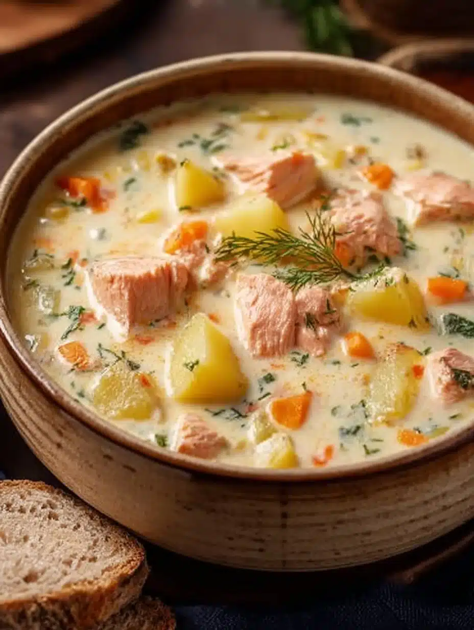 Bowl of creamy Salmon Chowder Soup garnished with herbs and crackers.