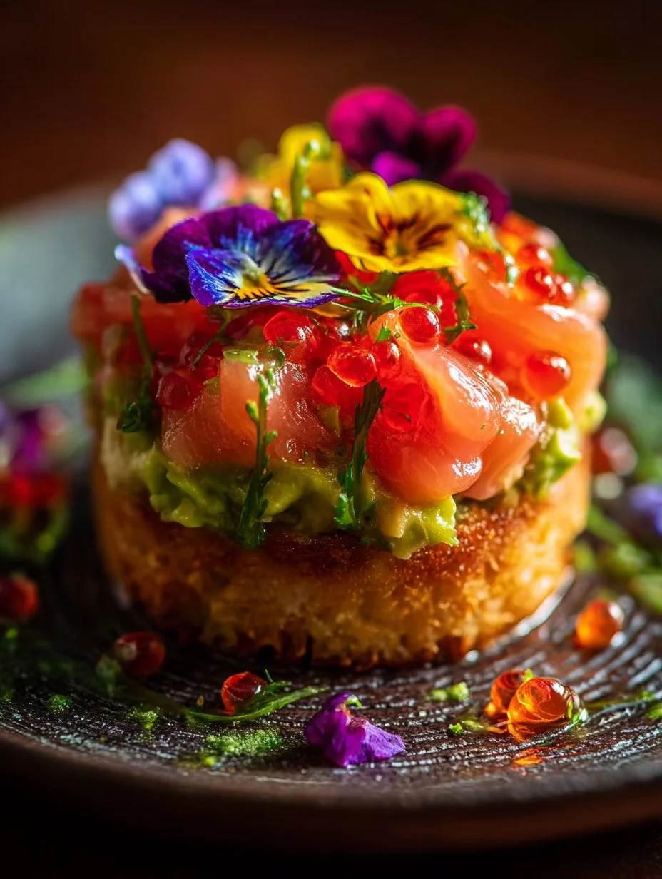 Salmon Tartare Brioche served with creamy Avocado Mousse on a plate