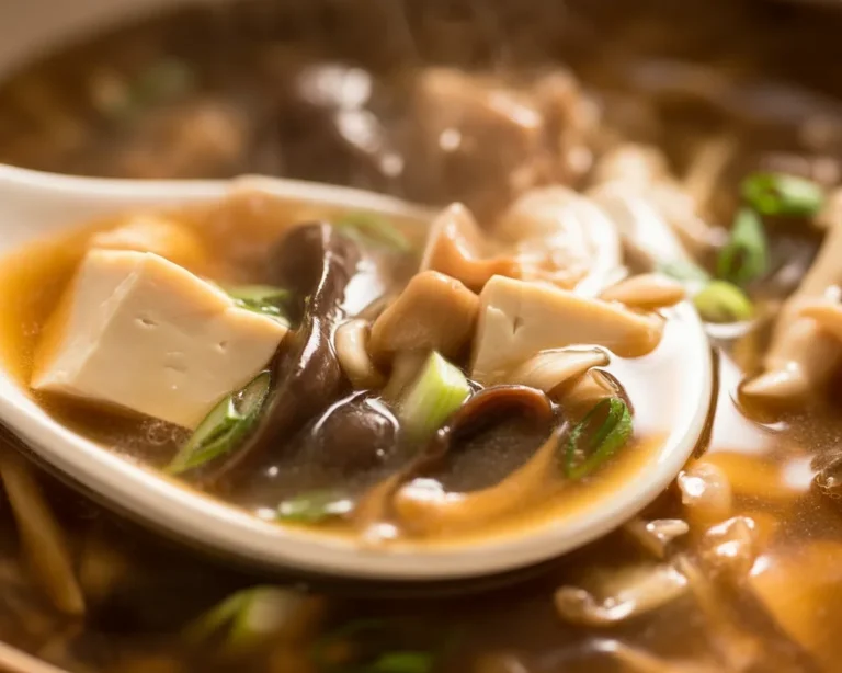 Delicious bowl of Chinese Hot and Sour Soup with mushrooms and tofu
