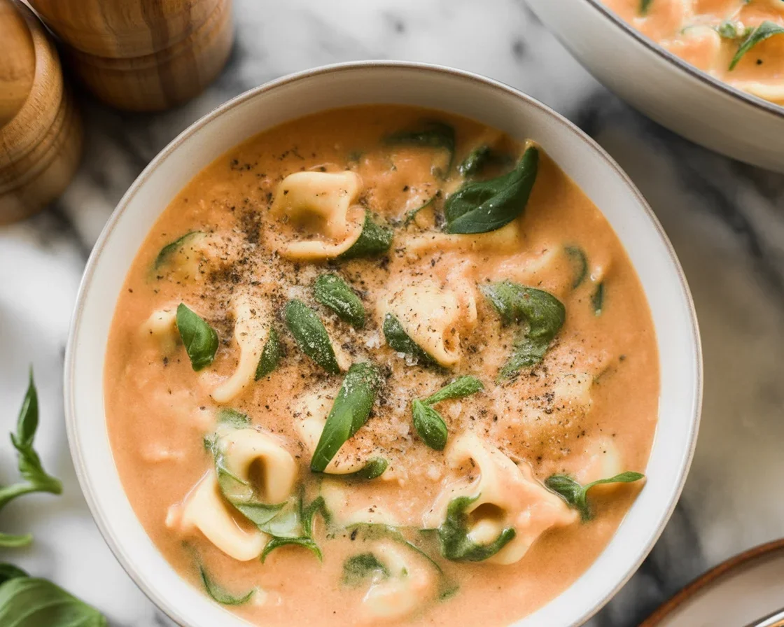Creamy Spinach Tortellini Soup with fresh vegetables and cheesy tortellini