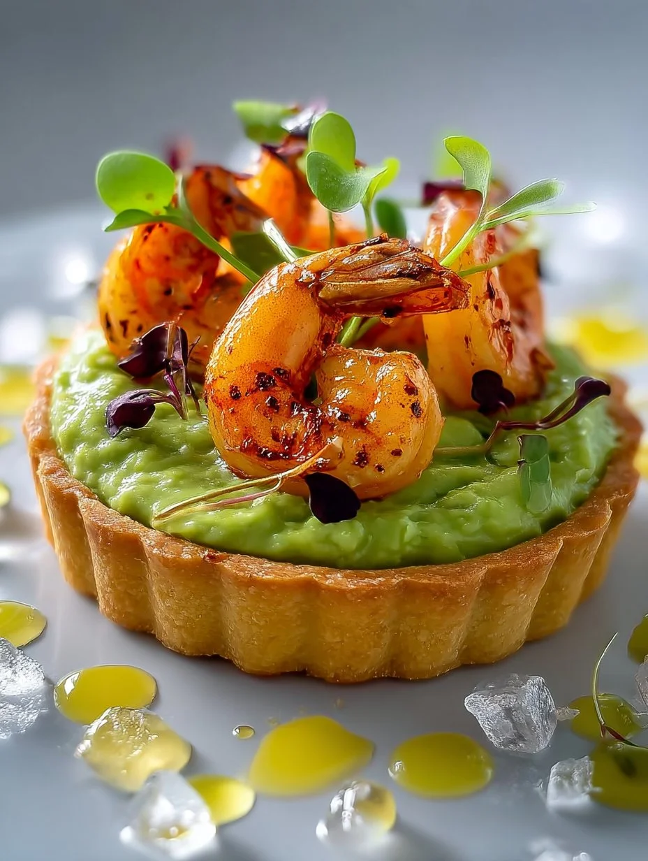 Delicious Shrimp Avocado Tart with herb oil served elegantly on a plate.