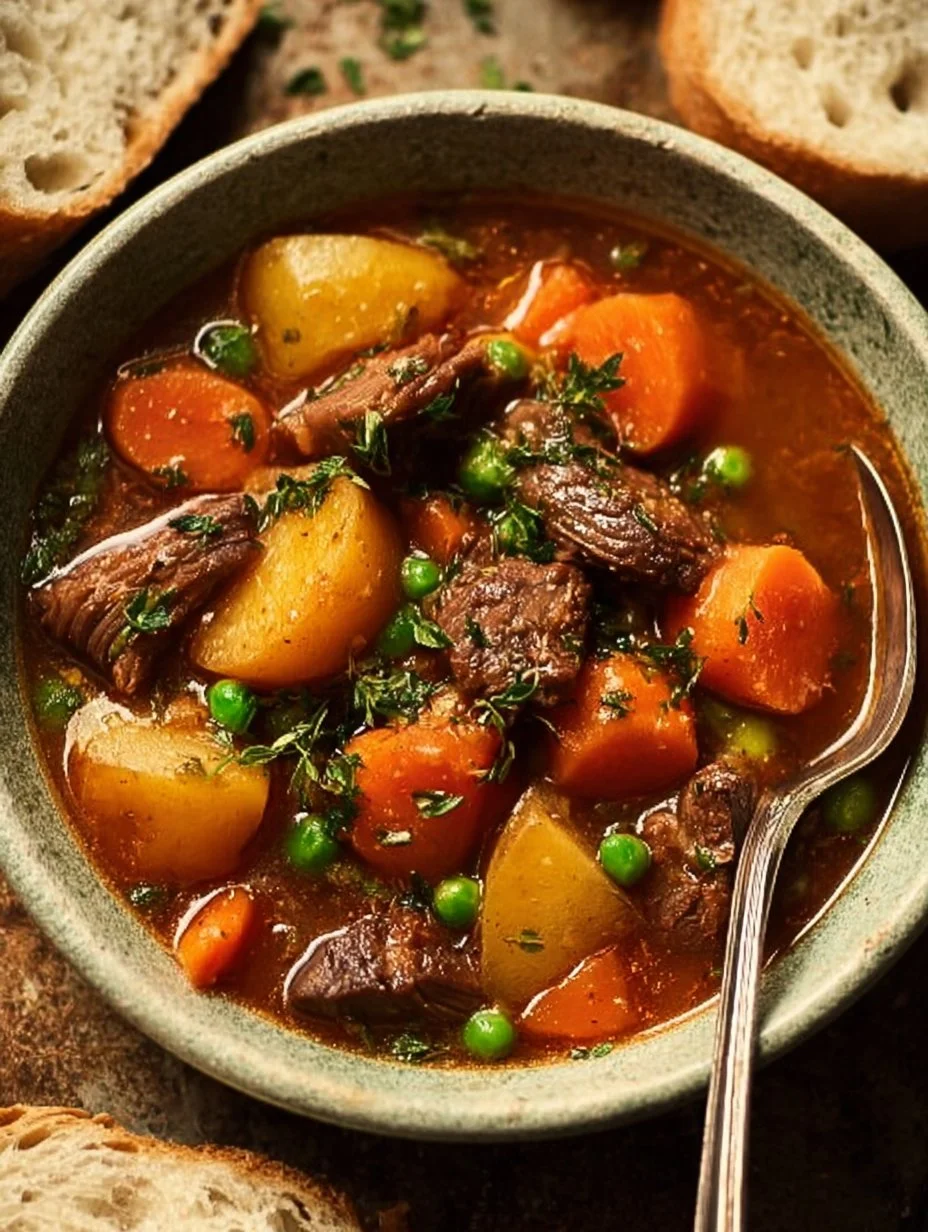 A bowl of slow cooker beef stew with fresh vegetables