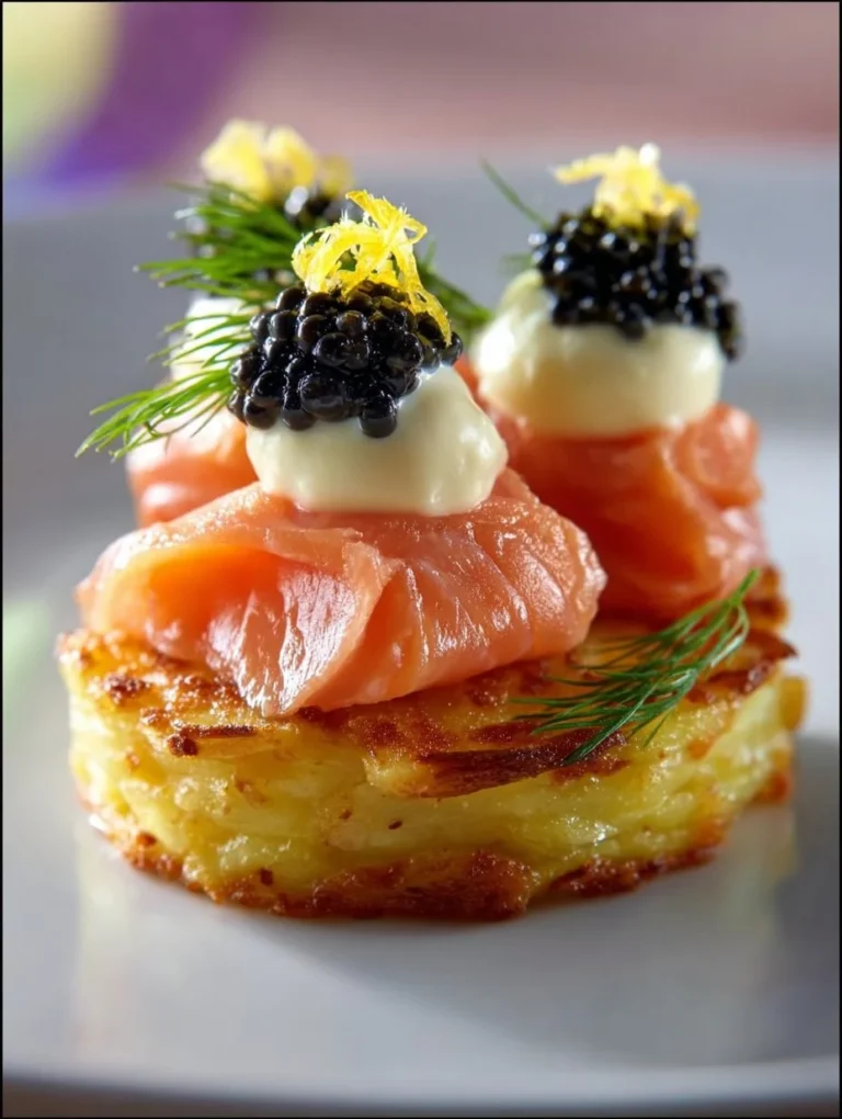 Smoked salmon rosette on a potato cake with cream and caviar garnish