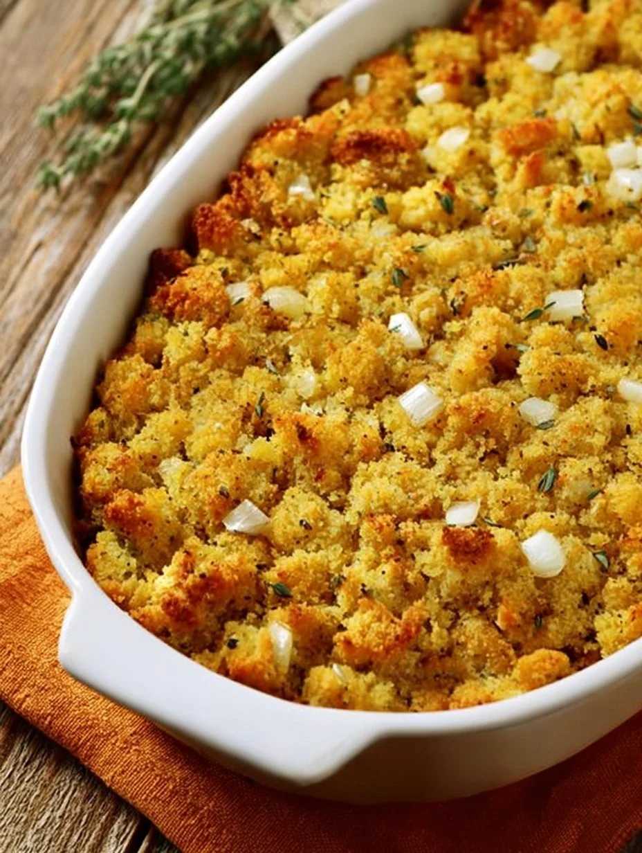 Delicious Southern cornbread dressing served in a bowl, ideal for holiday feasts.