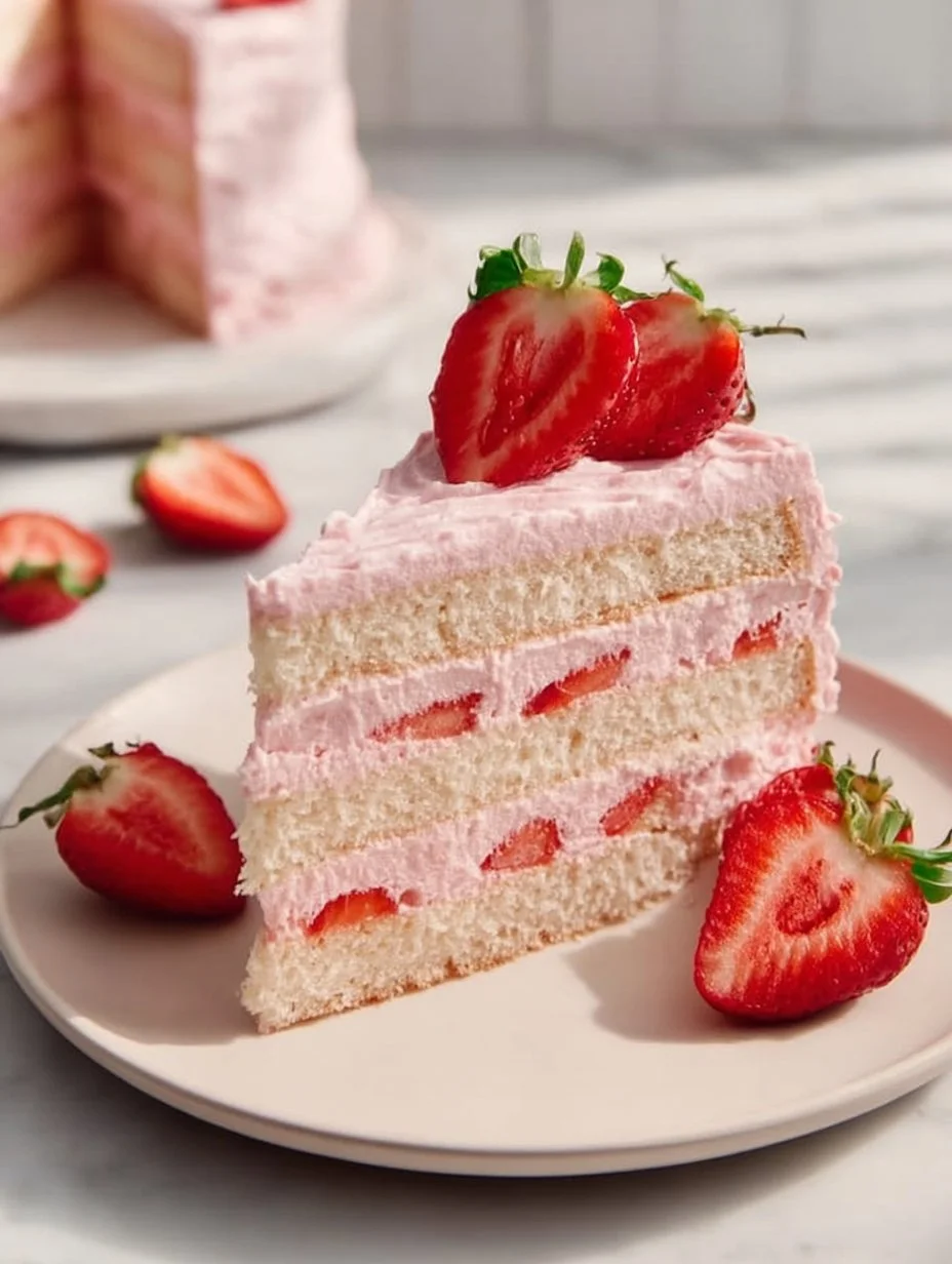Delicious strawberry layer cake with fresh strawberries and cream frosting