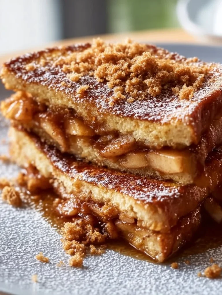 Delicious stuffed apple pie French toast with warm apple filling and cinnamon sprinkle.
