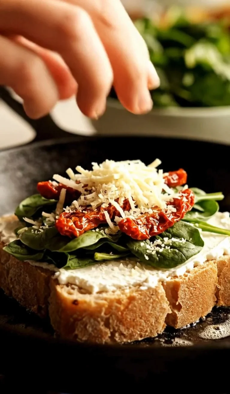 Sun-dried tomato, spinach, and ricotta grilled cheese sandwich on a plate