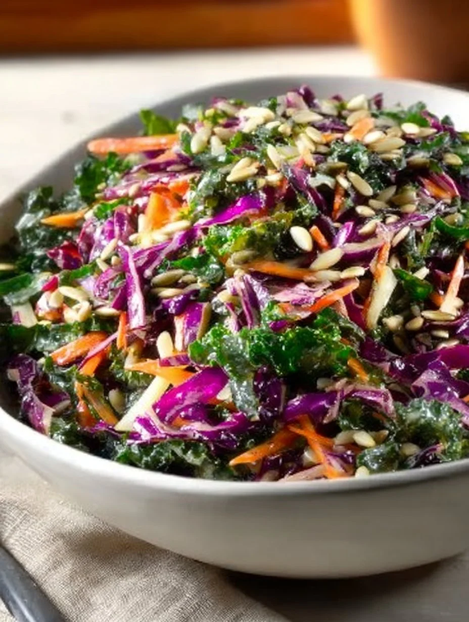 Sunflower Crunch Kale and Cabbage Salad with colorful vegetables and sunflower seeds