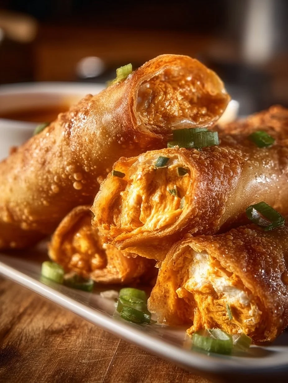 Super crunchy buffalo chicken egg rolls served on a plate with dipping sauce