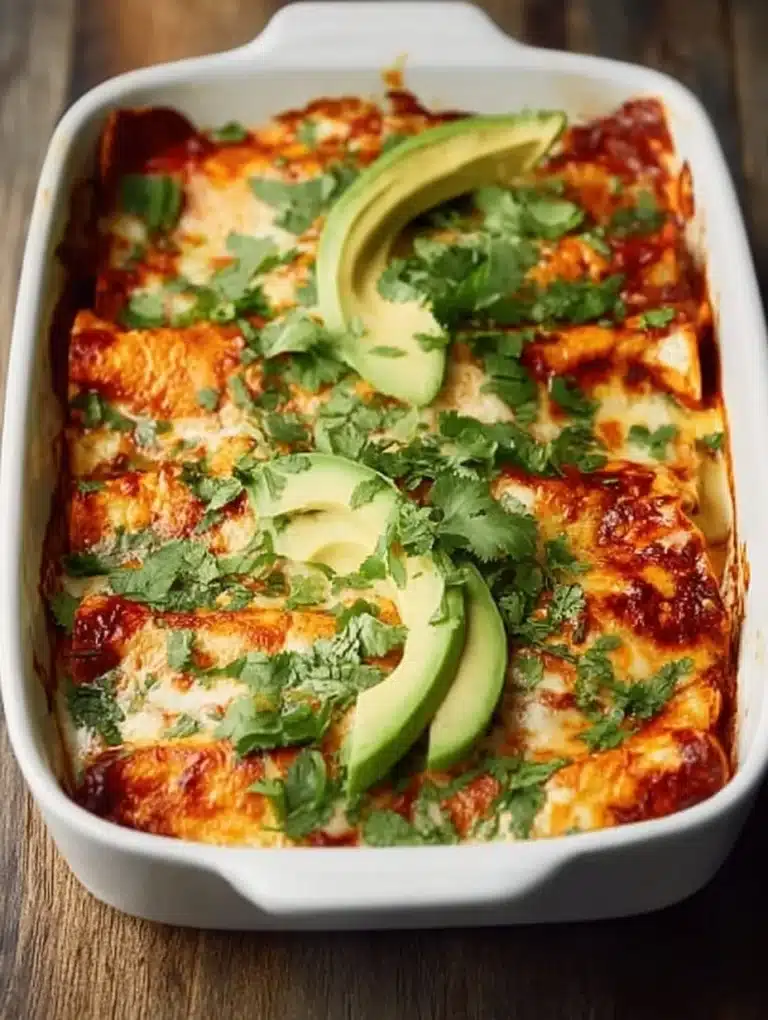 Delicious sweet potato chicken enchiladas topped with cheese and avocado