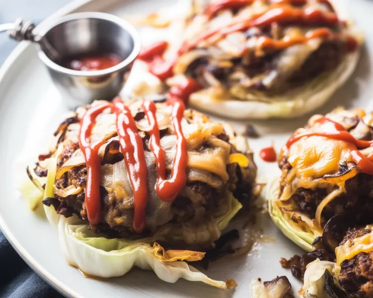 Oven-Baked Cabbage Burgers with seasoned beef patties on cabbage slices
