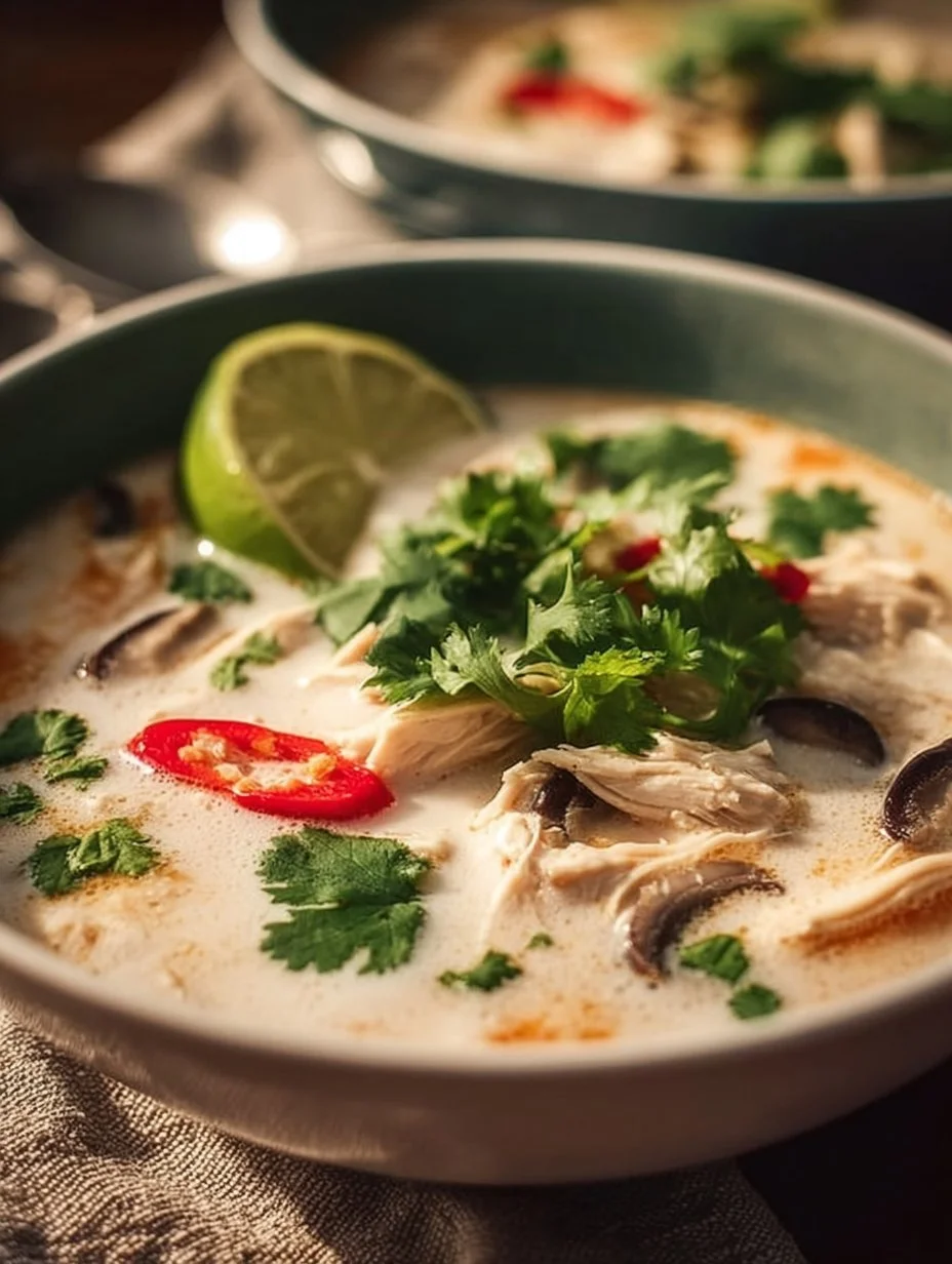 Bowl of Tom Kha Gai, Thai coconut chicken soup with herbs and spices