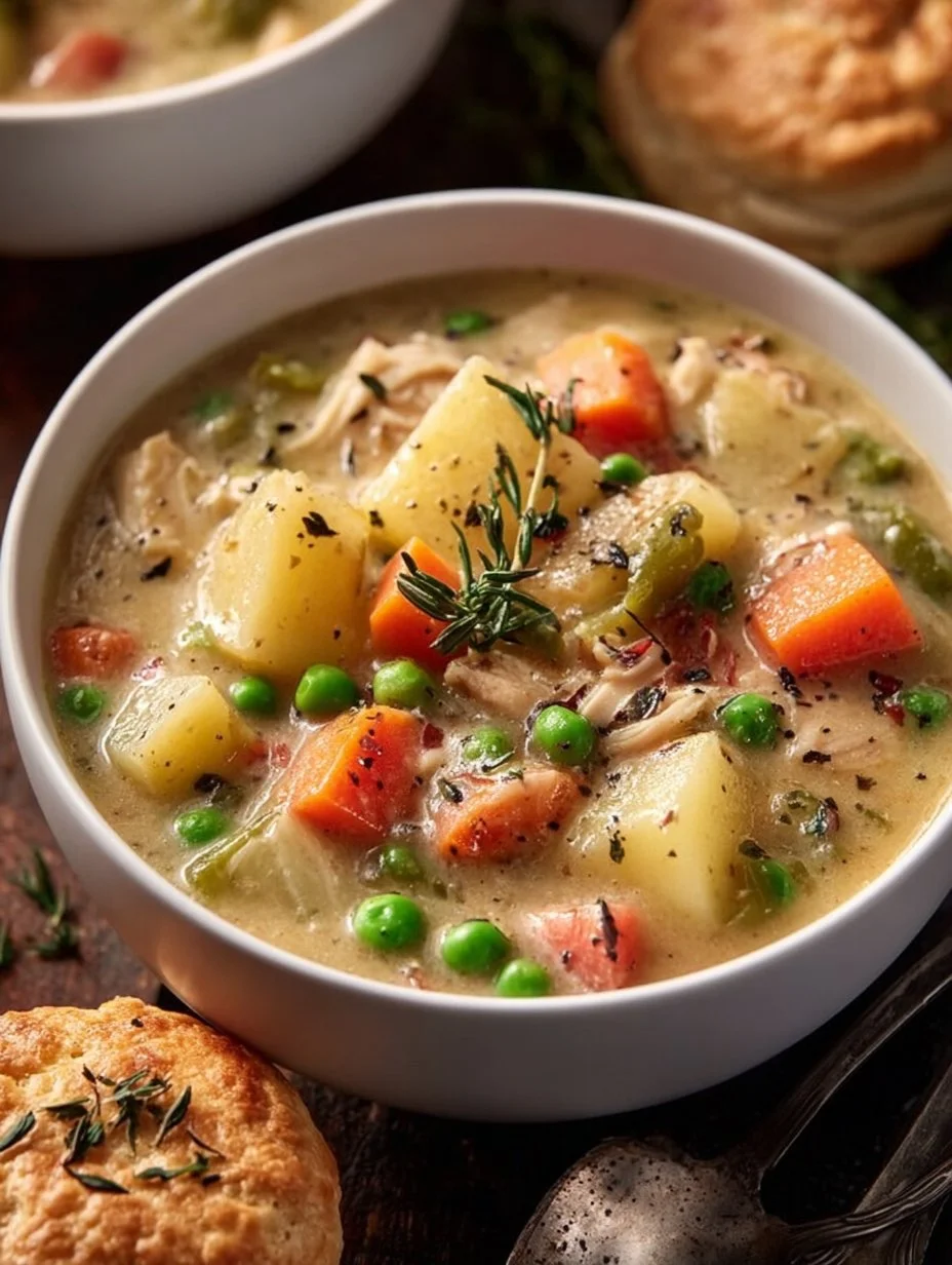 Delicious Turkey Pot Pie Soup with chunks of turkey, vegetables, and creamy broth