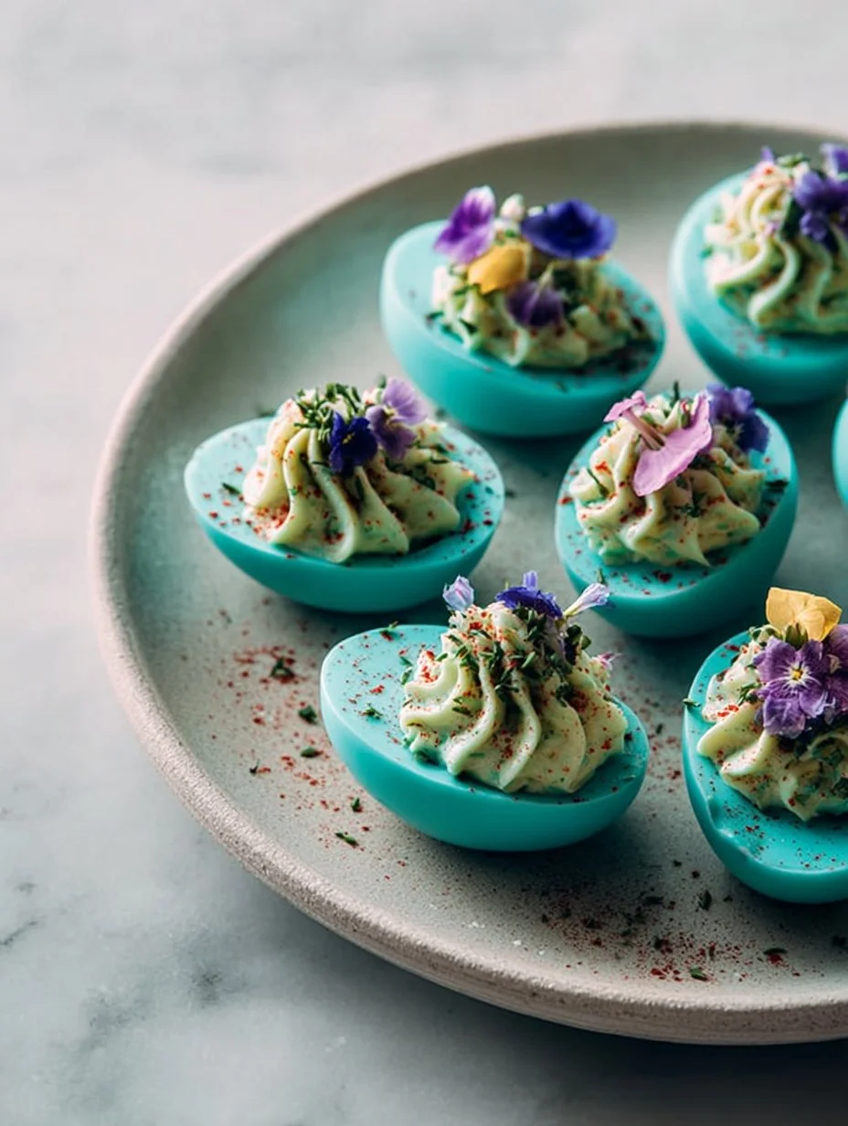 Turquoise deviled eggs filled with tuna, a creative twist on classic deviled eggs.