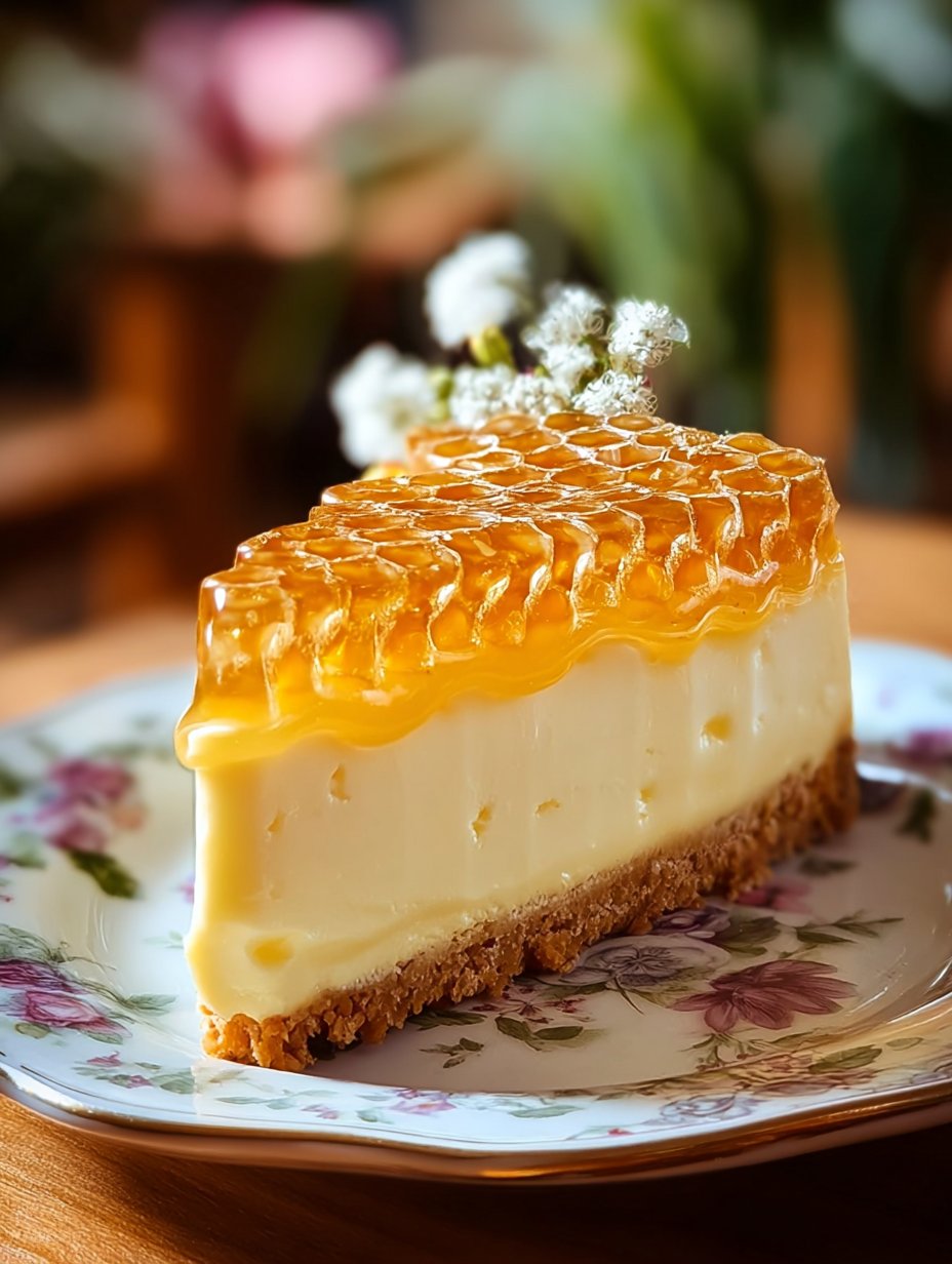 Golden Honeycomb Vanilla Cheesecake with Sugar Blossom Garnish
