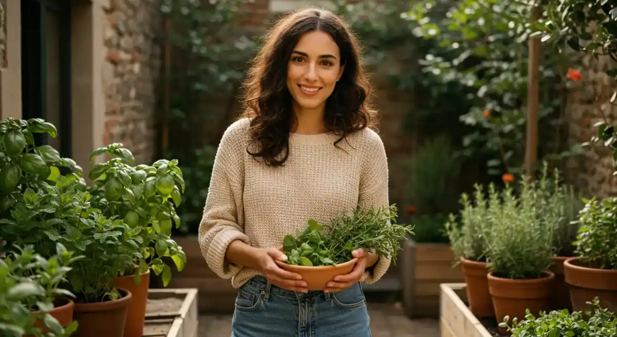 Chef Rita harvesting fresh herbs from her garden