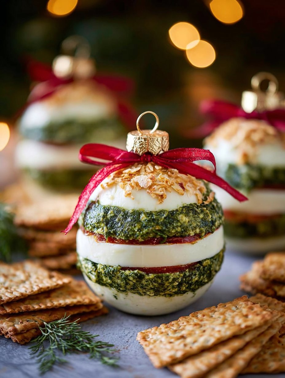 Festive Holiday Ornament Cheese Balls with Pesto & Sun-Dried Tomato Layers