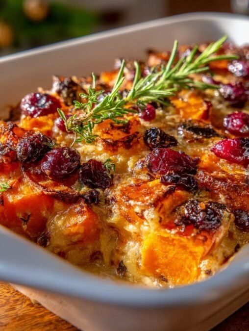 Festive sweet potato gratin with cranberries