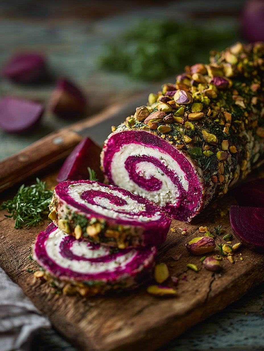 Magenta Jewel Goat Cheese Log with Roasted Beet Swirl & Pistachio Crust