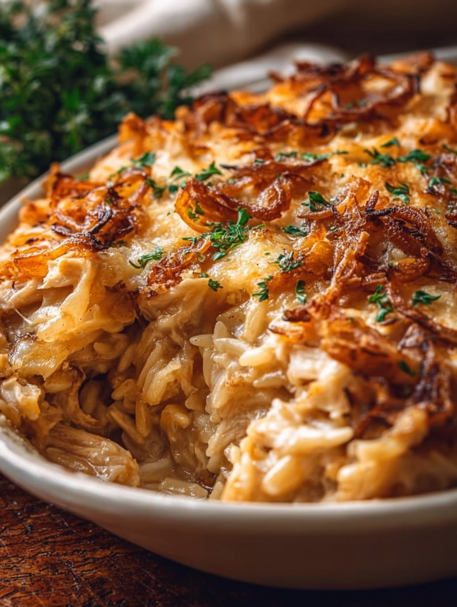 French Onion Chicken Orzo Casserole