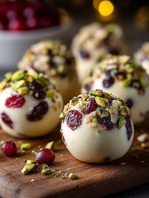 Close-up of finished Cranberry Pistachio Cheesecake Balls
