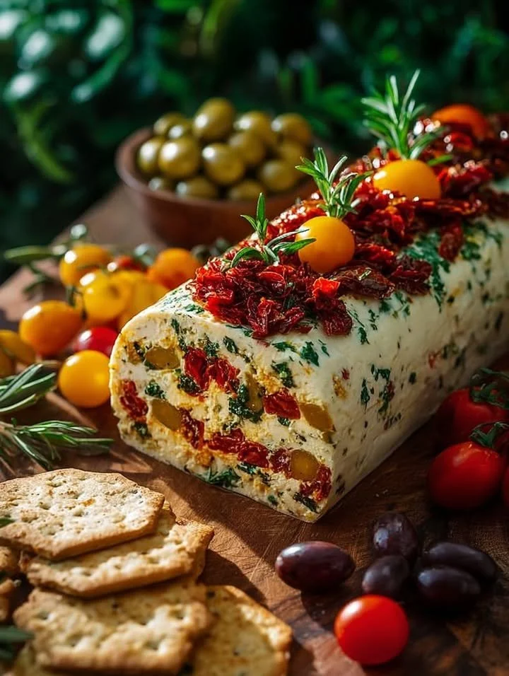 Antipasto Italian Cheese Log garnished with herbs, served on a platter