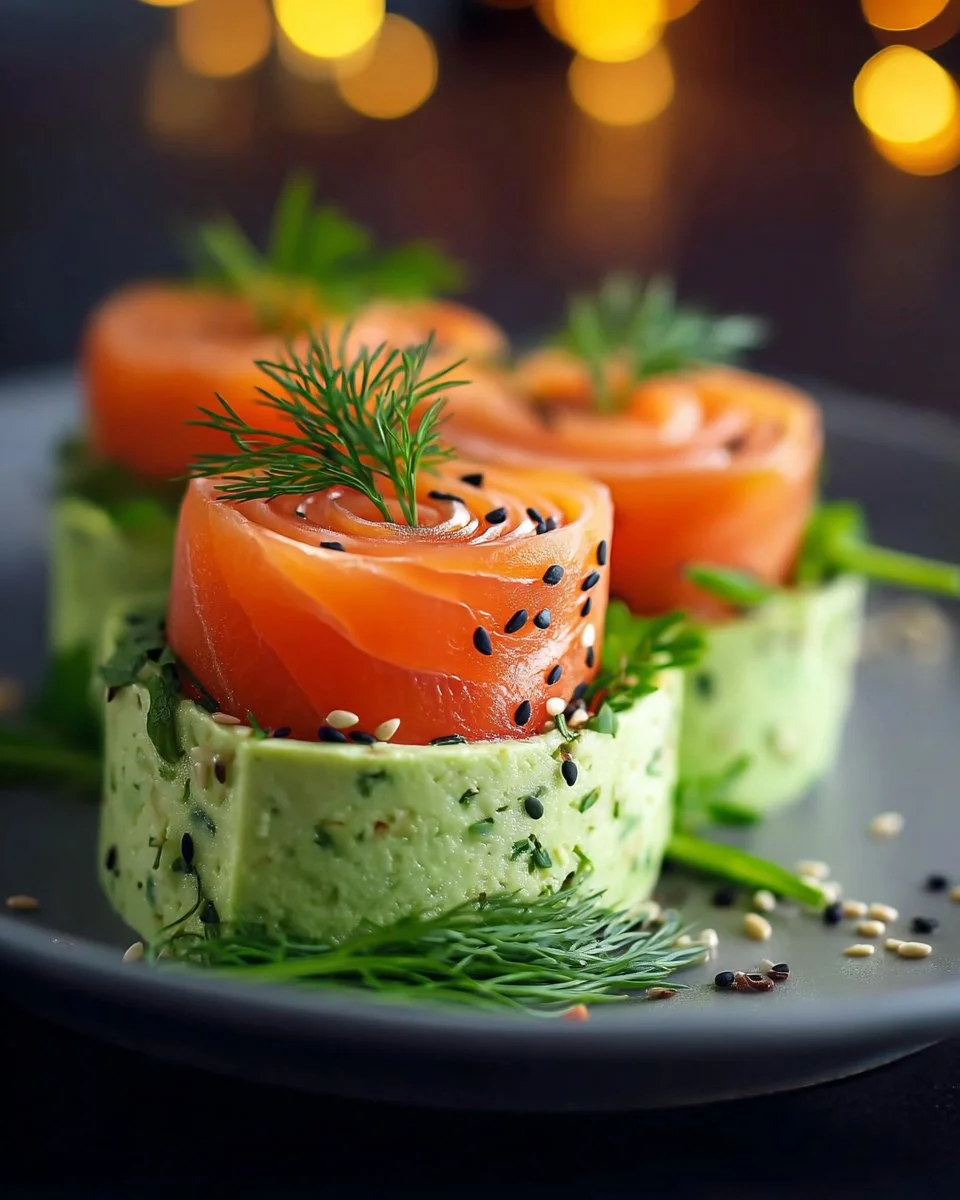 Creamy avocado mousse topped with Christmas smoked salmon for a festive dish