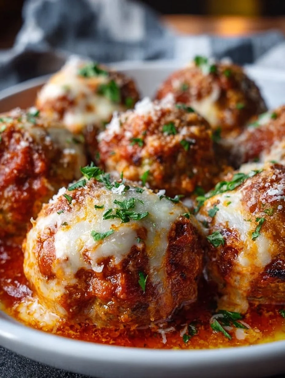 Baked chicken parmesan meatballs topped with melted cheese and marinara sauce