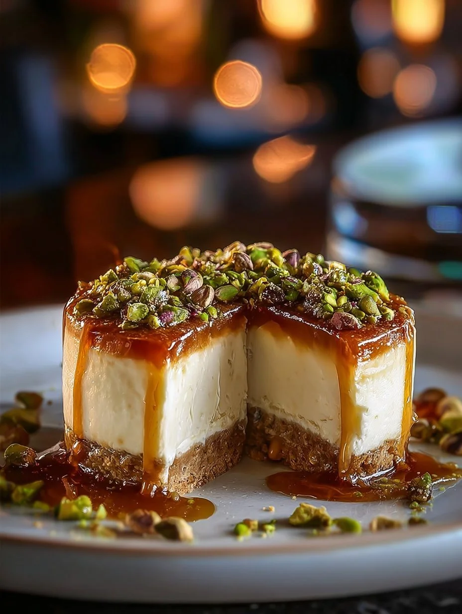 Delicious Baklava Pistachio Cheesecake Supreme topped with nuts