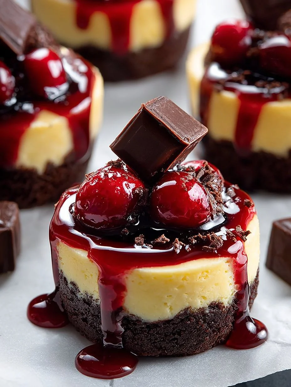 Black Forest Mini Cheesecakes topped with cherries and chocolate shavings