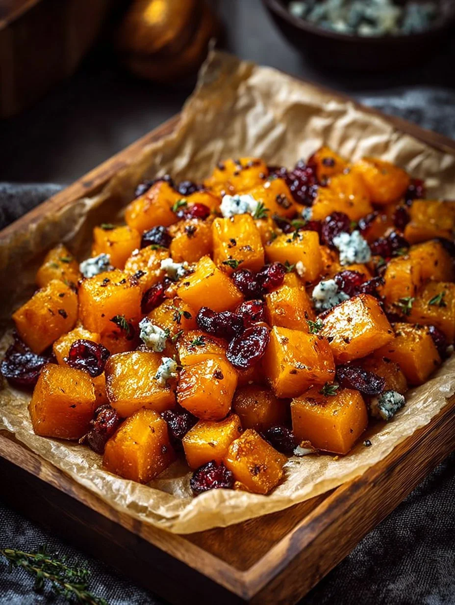 Caramelized butternut squash with gorgonzola and cranberry-balsamic glaze