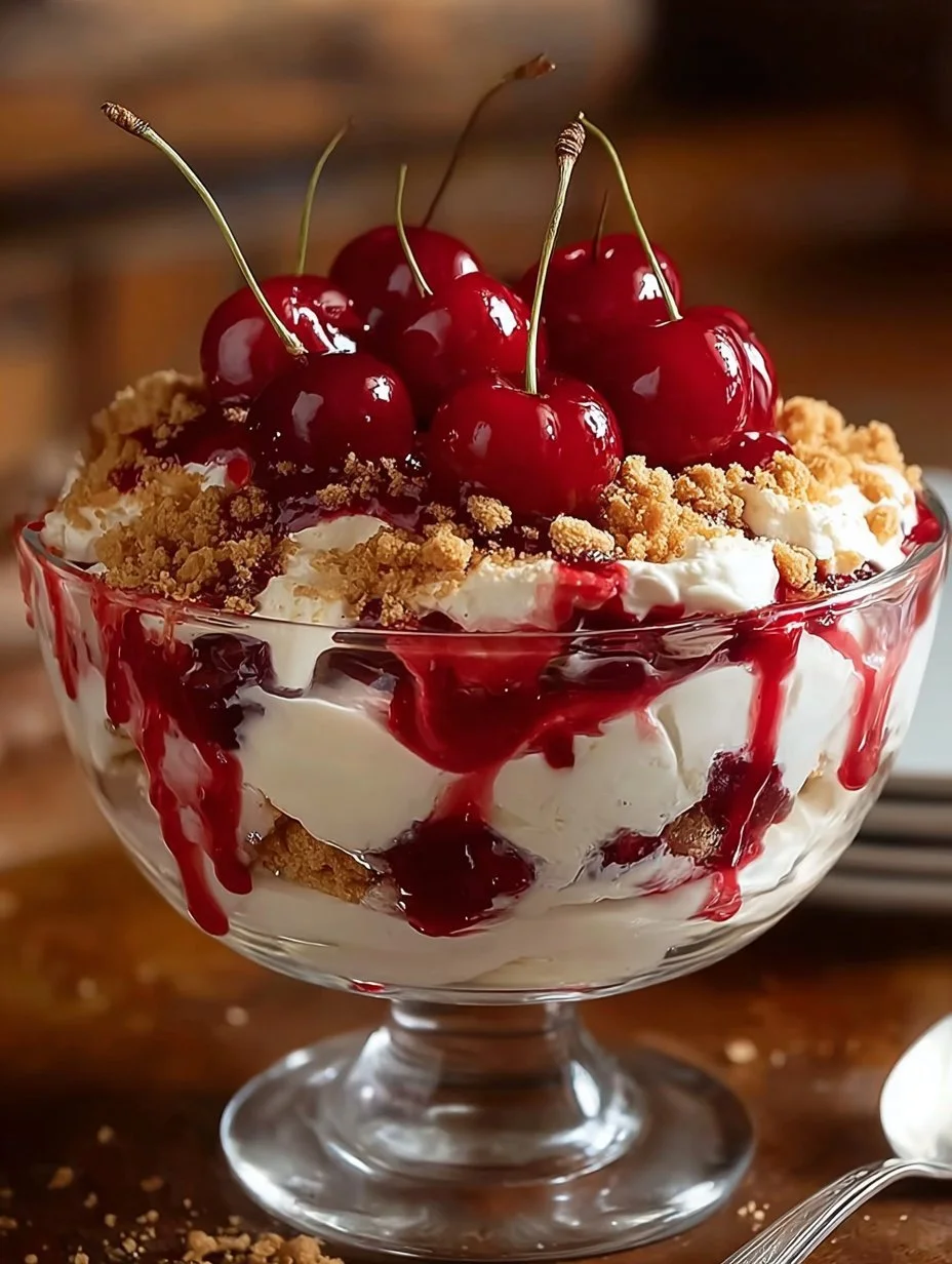 Delicious Cherry Cheesecake Fluff dessert with cherries on top