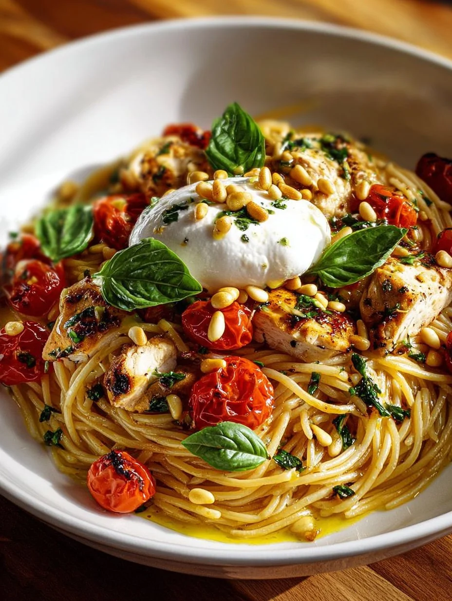 Plate of Chicken Spaghetti with Burrata and Lemon Butter Garlic Sauce